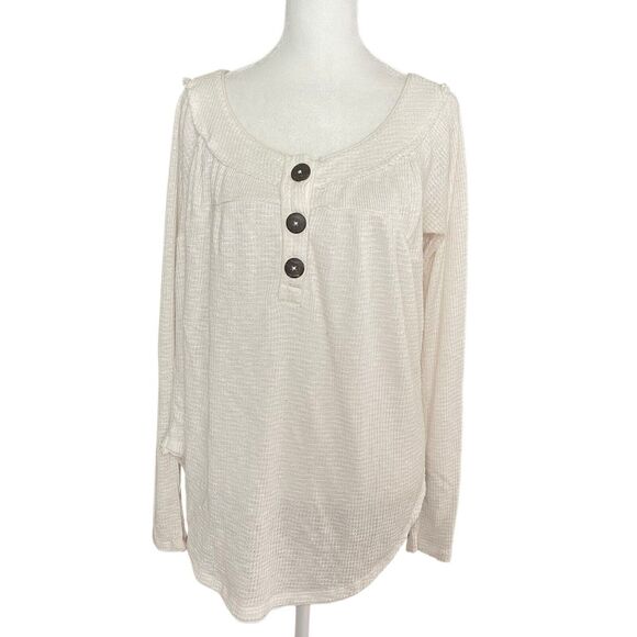 We the Free Womens XS Must Have Thermal Henley Top Ivory Long Sleeve Tee Raw Hem - Picture 1 of 8
